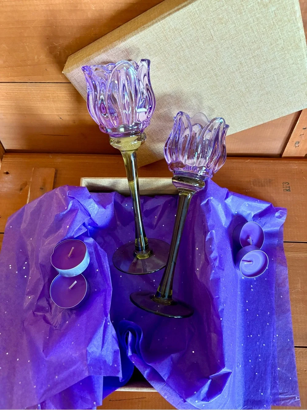 Glass Purple Tulip Tea-Light Candle Holders Set Floral Scalloped Candlesticks